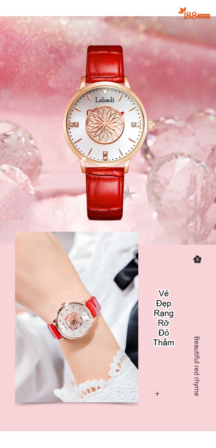 Đồng Hồ Nữ Labaoli Mặt Hoa Hồng Vàng Dây Da Bóng Màu Đen, Nâu, Đỏ, Xanh chi tiết 6