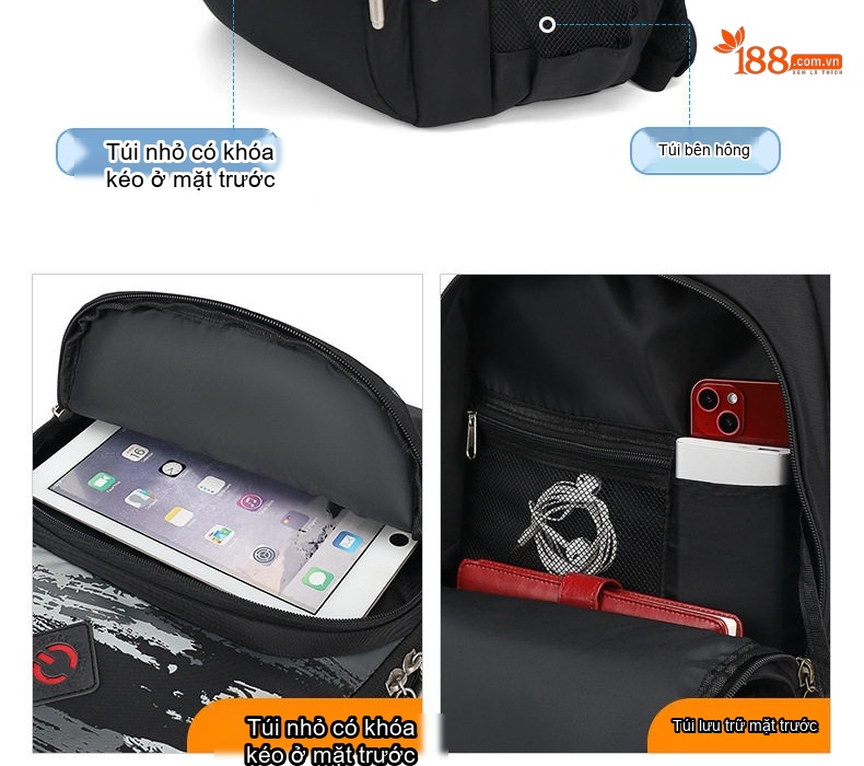 Balo Nam Cá Tính Chống Nước Cho Học Sinh Cấp 2 3, Thanh Niên, Túi Đựng Laptop Phong Cách Âu Mỹ Màu Đen chi tiết 13
