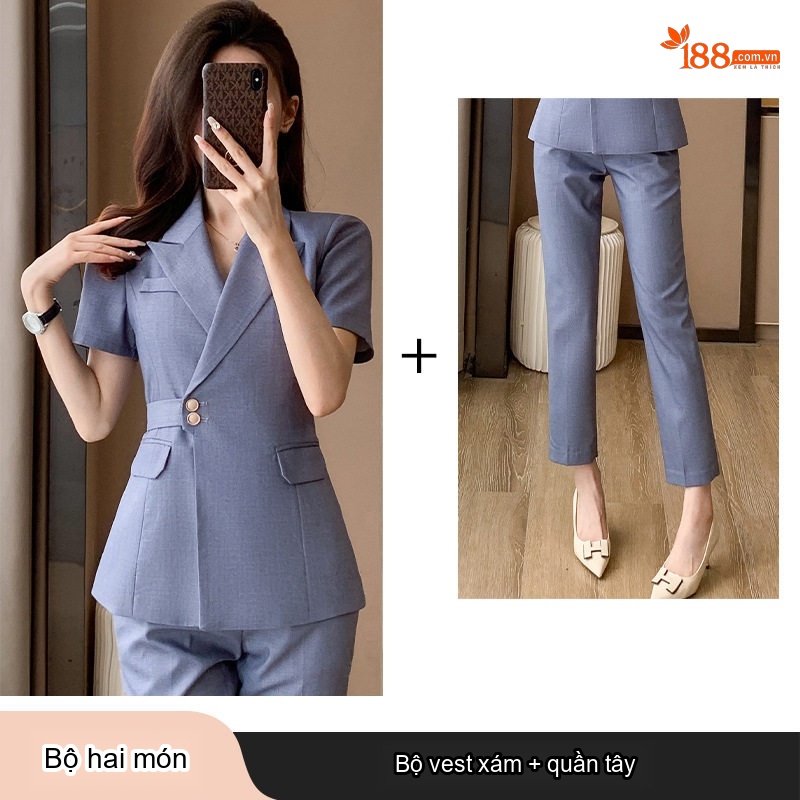 Bộ Vest Công Sở Nữ Tay Ngắn Áo Blazer Quần/Chân Váy Màu Xám, Đen, Xanh Dương
