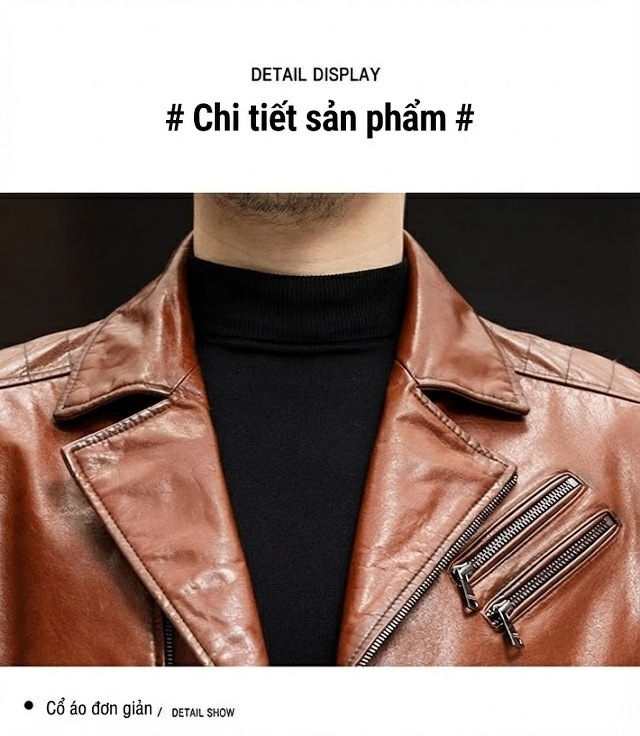 Áo Khoác Da Thật Nam Dáng Ôm, Cổ chữ Vest, Ngắn Màu Nâu chi tiết 11