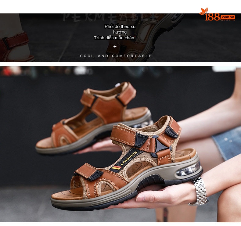 Dép Sandal Nam Da Thật Hở Ngón Thoáng Khí Chiều Cao Đế Khoảng 4cm Màu Nâu, Đen chi tiết 14