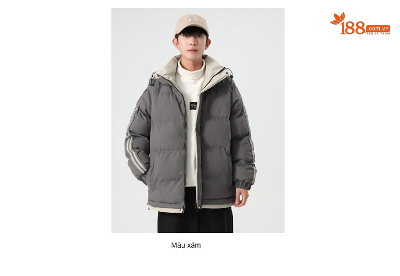Áo Khoác Phao Nam Cotton Dáng Rộng Có Mũ Trùm Đầu Màu Đen, Kem chi tiết 10