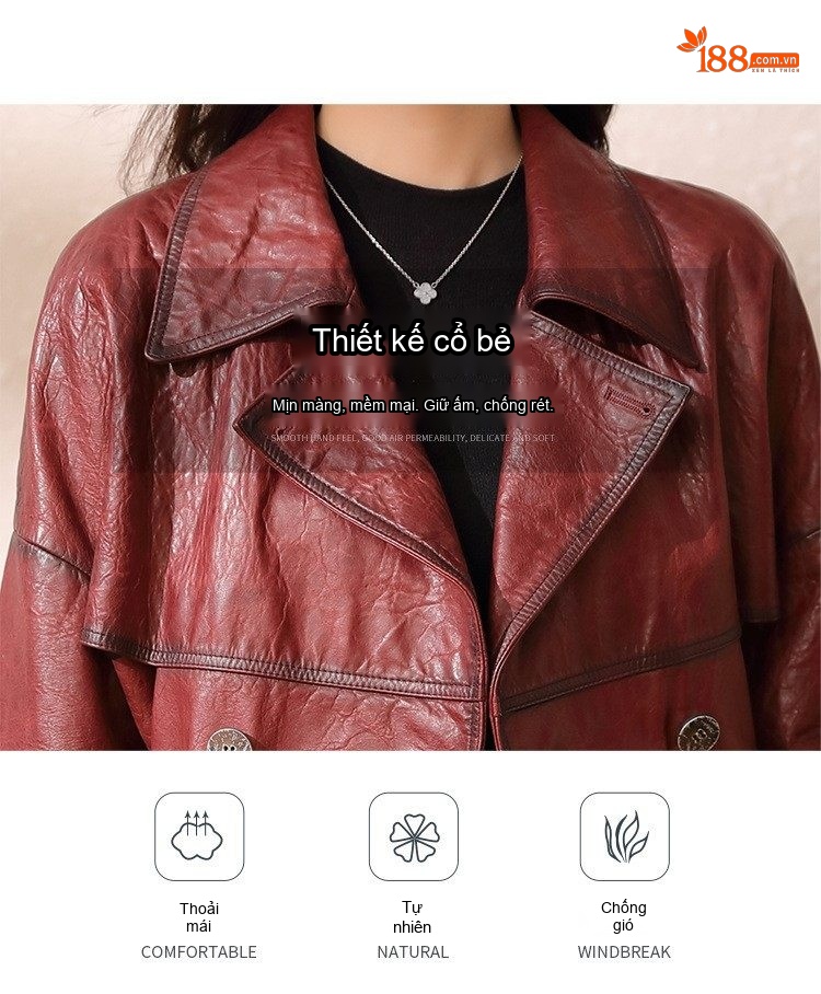 Áo Khoác Da Thật Nữ Dáng Ngắn Cổ chữ Vest Thời Trang Màu Đỏ chi tiết 5