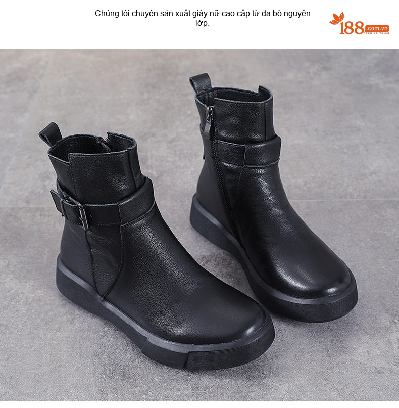 Boot Nữ Da Thật Martin Cổ Ngắn Khóa Đai Phong Cách Anh Chiều Cao Đế Khoảng 3cm Màu Đen chi tiết 2