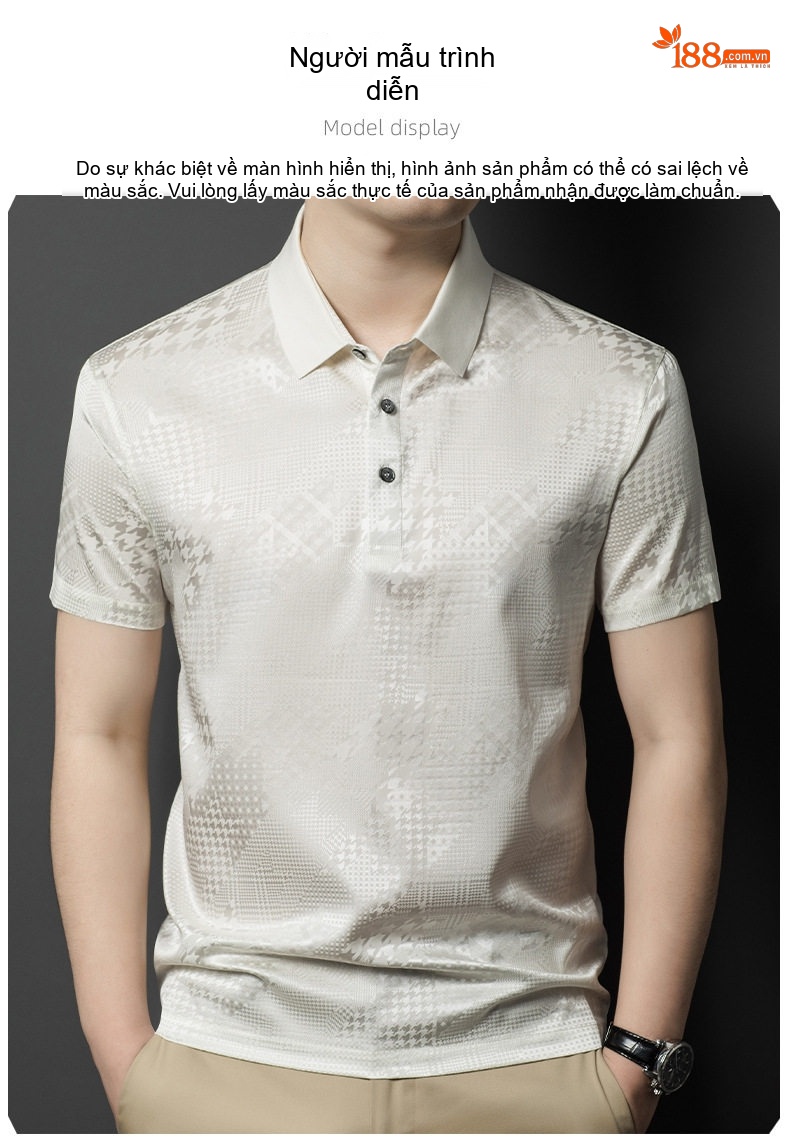 Áo Polo Nam Tay Ngắn桑蚕丝 Dệt Jacquard Thoáng Khí Màu Trắng, Xanh, Đen chi tiết 10