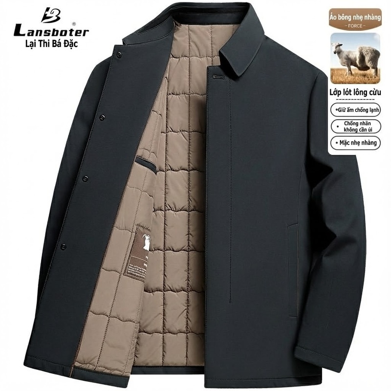 Áo Khoác Cotton Nam Cổ Bẻ Lót Bông Giữ Ấm Phong Cách Doanh Nhân Màu Đen