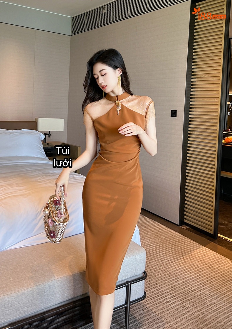 Váy Ôm Body Nữ Cổ Tàu Cách Tân Phong Cách Trung Hoa Màu Nâu chi tiết 15