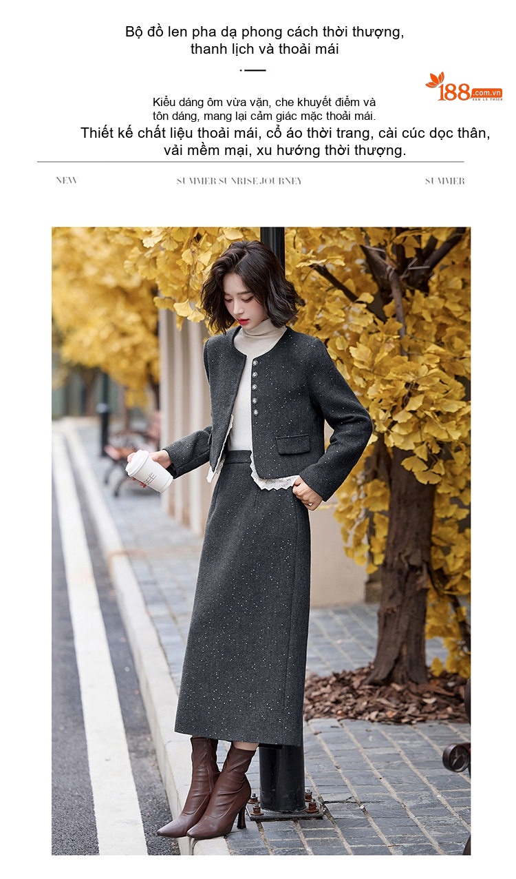 Set Áo Khoác Lửng và Chân Váy Nữ Vải Tweed Phong Cách Tiểu Thư Màu Nâu, Xám chi tiết 2