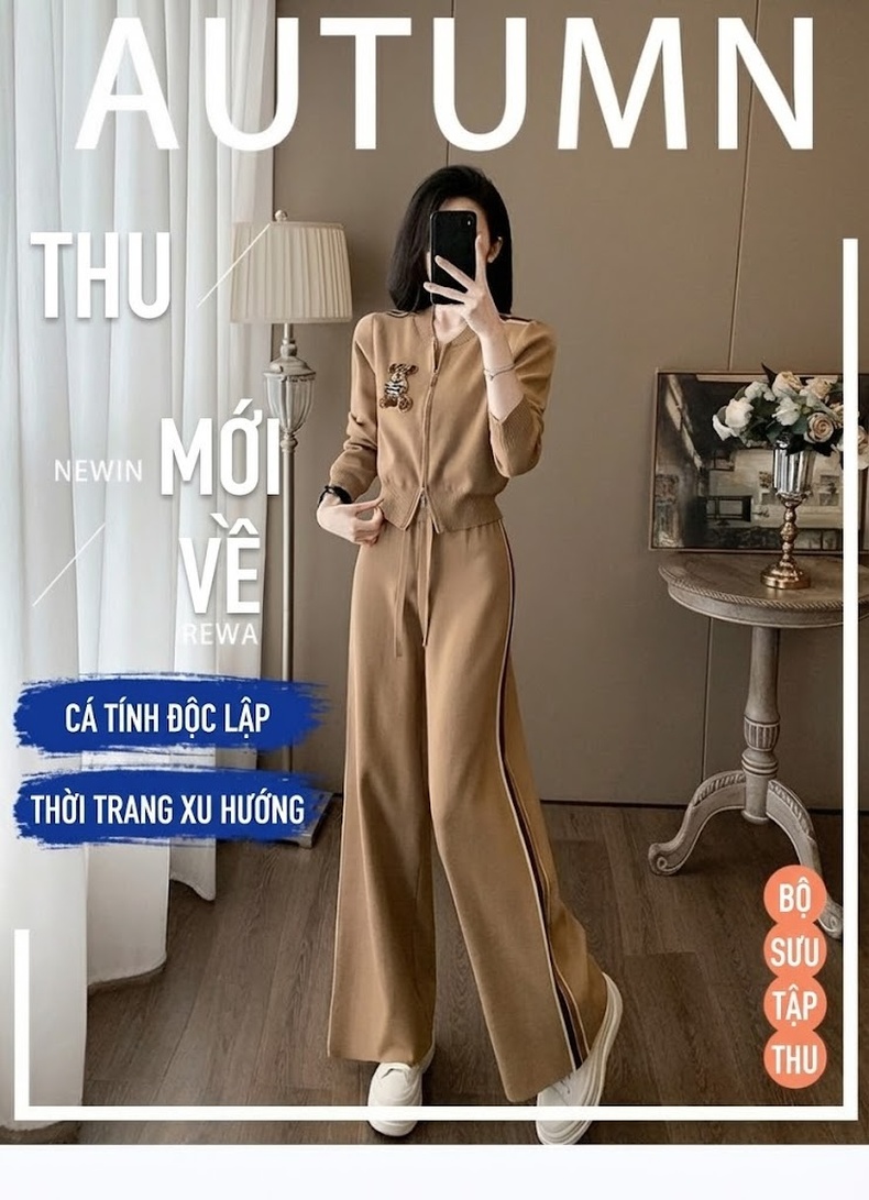 Set Bộ Dệt Kim Áo Khoác Lửng Quần Ống Rộng Phong Cách Thời Trang Màu Nâu chi tiết 1