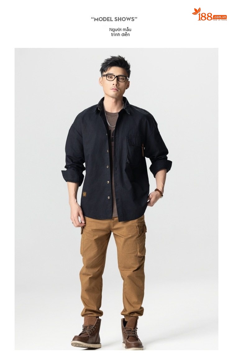 Áo Sơ Mi Nam Cotton Dáng Rộng Phong Cách Retro Màu Xanh Rêu, Nâu, Đen chi tiết 8