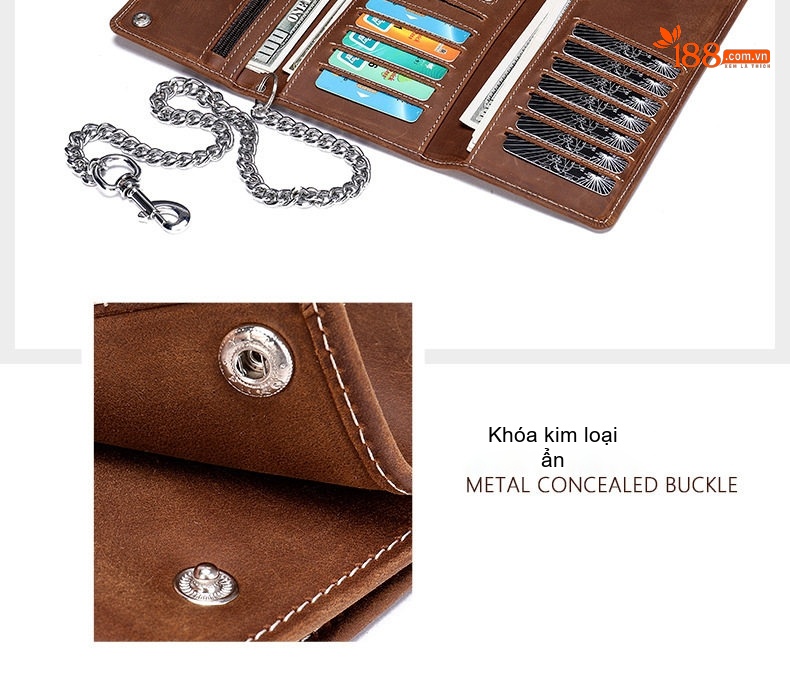 Ví Dài Nam Da Bò Lớp Đầu Masiwei Khóa Kéo Có Dây Xích Màu Nâu, Đen chi tiết 4