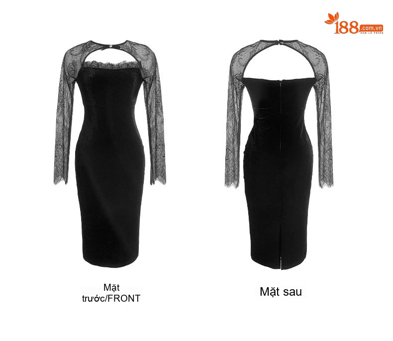 Đầm Ôm Body Nữ Tay Dài Ren Lưới Cổ Khoét Chất Liệu Nhung Màu Đen chi tiết 6