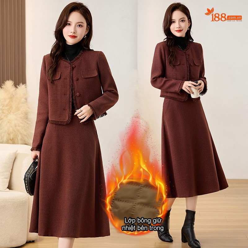 Set Áo Khoác Lửng Tay Dài Cổ Tròn và Chân Váy Midi A Line Trám Bông Dày Dặn Màu Nâu, Đỏ