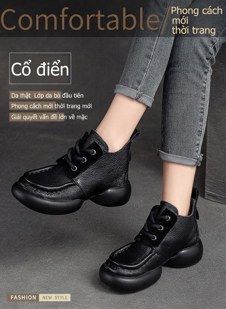 Giày Boot Nữ Cao Cổ Da Bò Buộc Dây Phong Cách Retro Chiều Cao Đế Khoảng 5cm Màu Nâu, Đen chi tiết 1
