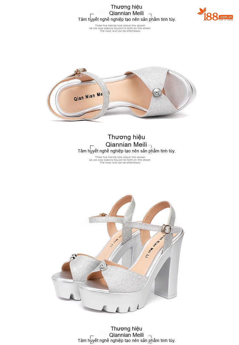 Giày Sandal Cao Gót Nữ Quai Ngang Hở Ngón Gót Cao 13cm Màu Bạc, Vàng, Đen chi tiết 14