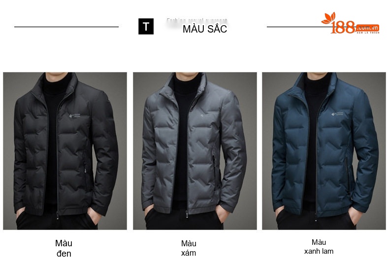 Áo Khoác Phao Lông Vũ Nam Mỏng Nhẹ Dáng Ngắn Cổ Trụ Màu Đen, Xám, Xanh Navy chi tiết 10