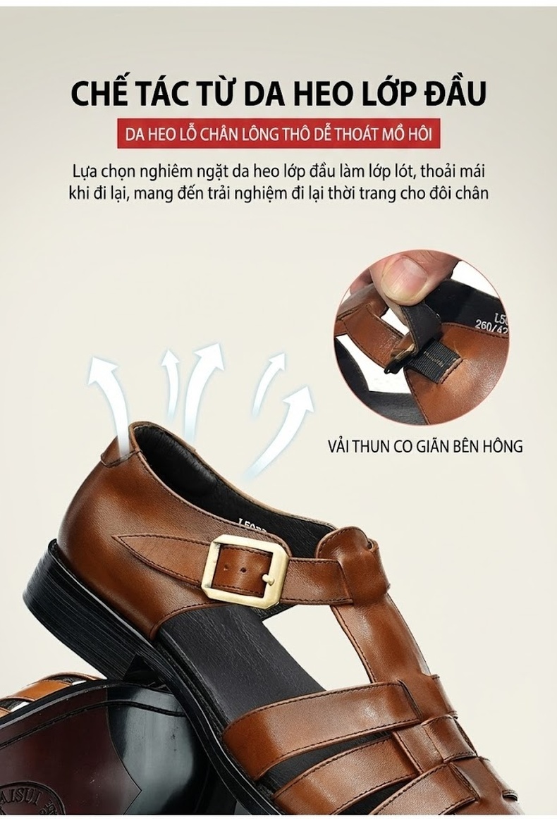Giày Sandal Rọ Nam Da Thật Phong Cách Retro Chiều Cao Đế Khoảng 2cm Màu Đen, Nâu chi tiết 8
