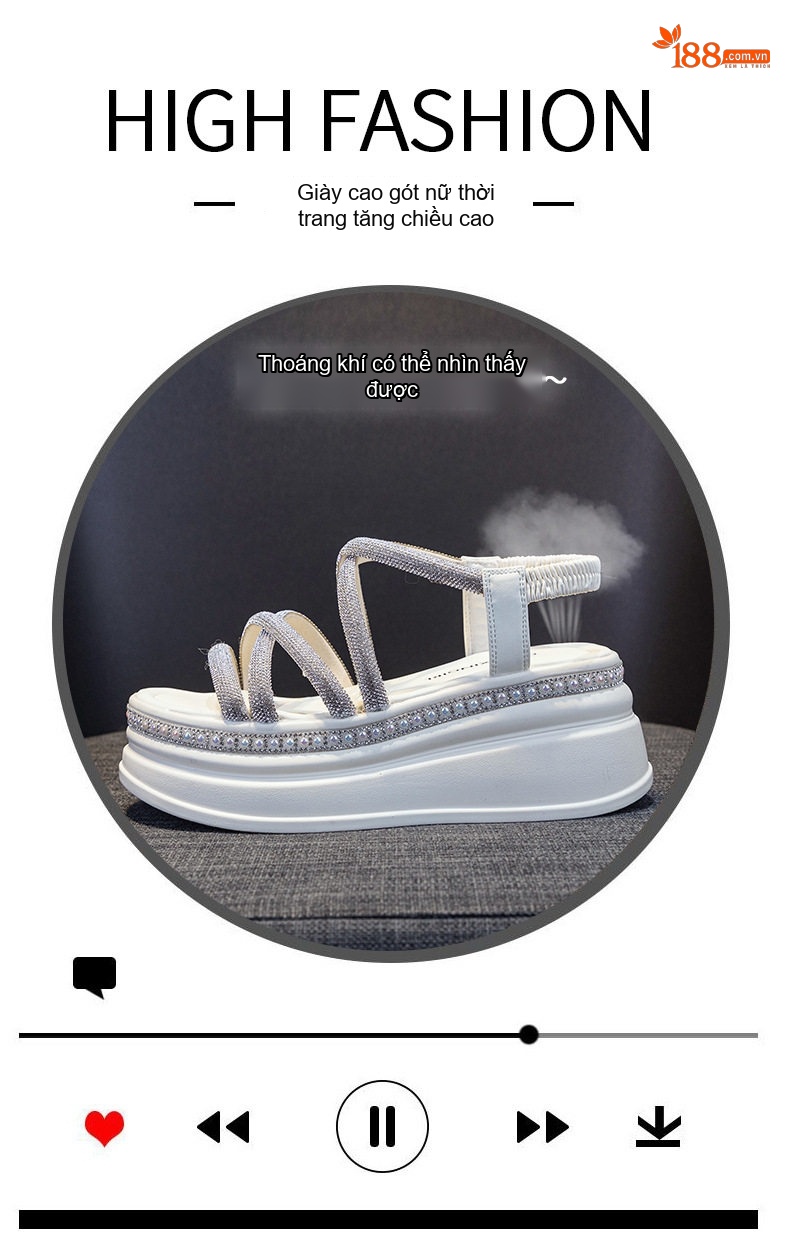 Dép Sandal Nữ Quai Ngang Đính Đá Đế Cao 4cm - 5cm Màu Trắng, Đen, Bạc chi tiết 6
