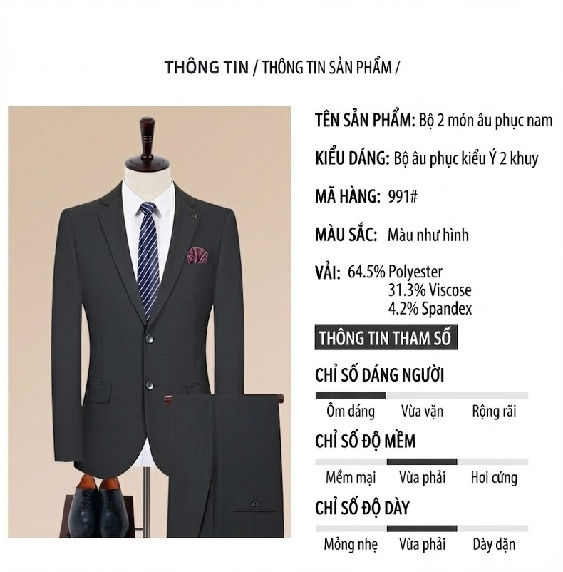 Bộ Vest Nam Áo Blazer Xẻ Tà Hai Bên Màu Đen chi tiết 15