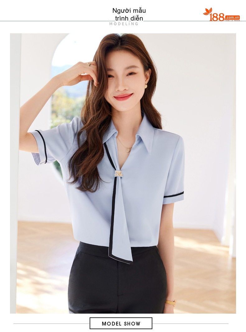 Áo Sơ Mi Nữ Cổ chữ V Tay Ngắn Kiểu Hàn Quốc Phong Cách Công Sở Màu Trắng, Xám Khói, Xanh Ô Liu chi tiết 5