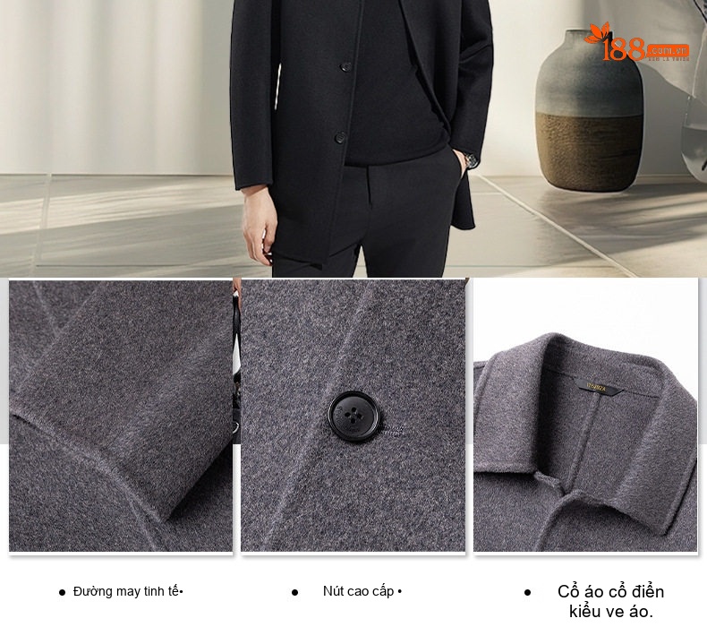Áo Khoác Dạ Nam 100% Lông Cừu Cổ Bẻ Dáng Dài Dáng Vừa Màu Xám, Đen chi tiết 3