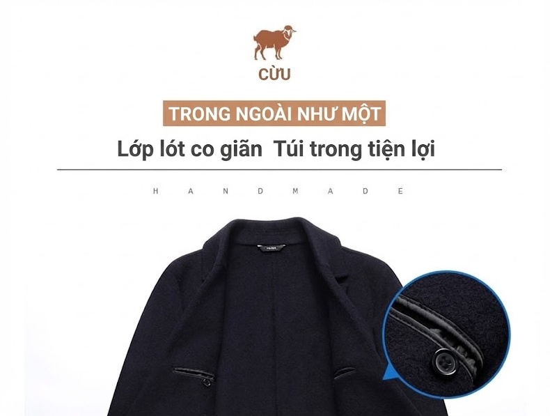 Áo Khoác Dạ Len Lông Cừu Nam Dáng Dài Double Breasted Màu Đen, Xám chi tiết 9
