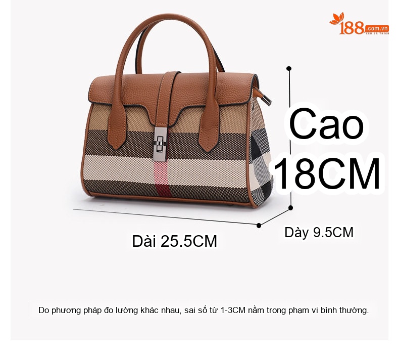 Túi Tote Nữ Da Bò Kết Hợp Vải Bố Họa Tiết Kẻ Sọc Thời Trang Màu Nâu Caramel chi tiết 20