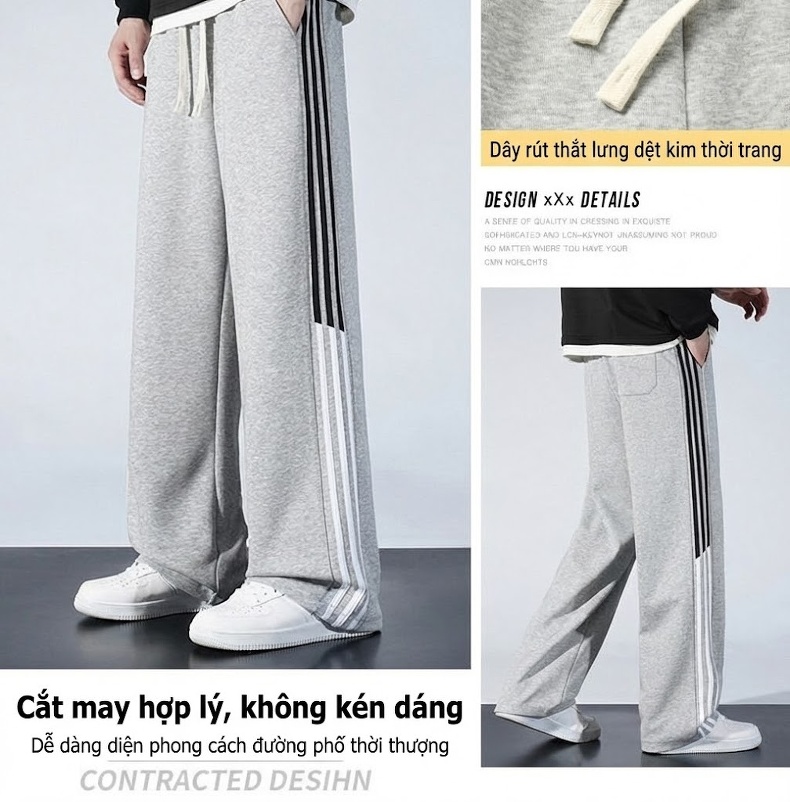Quần dài ống rộng nam thể thao sọc bên hông phong cách casual chi tiết 4