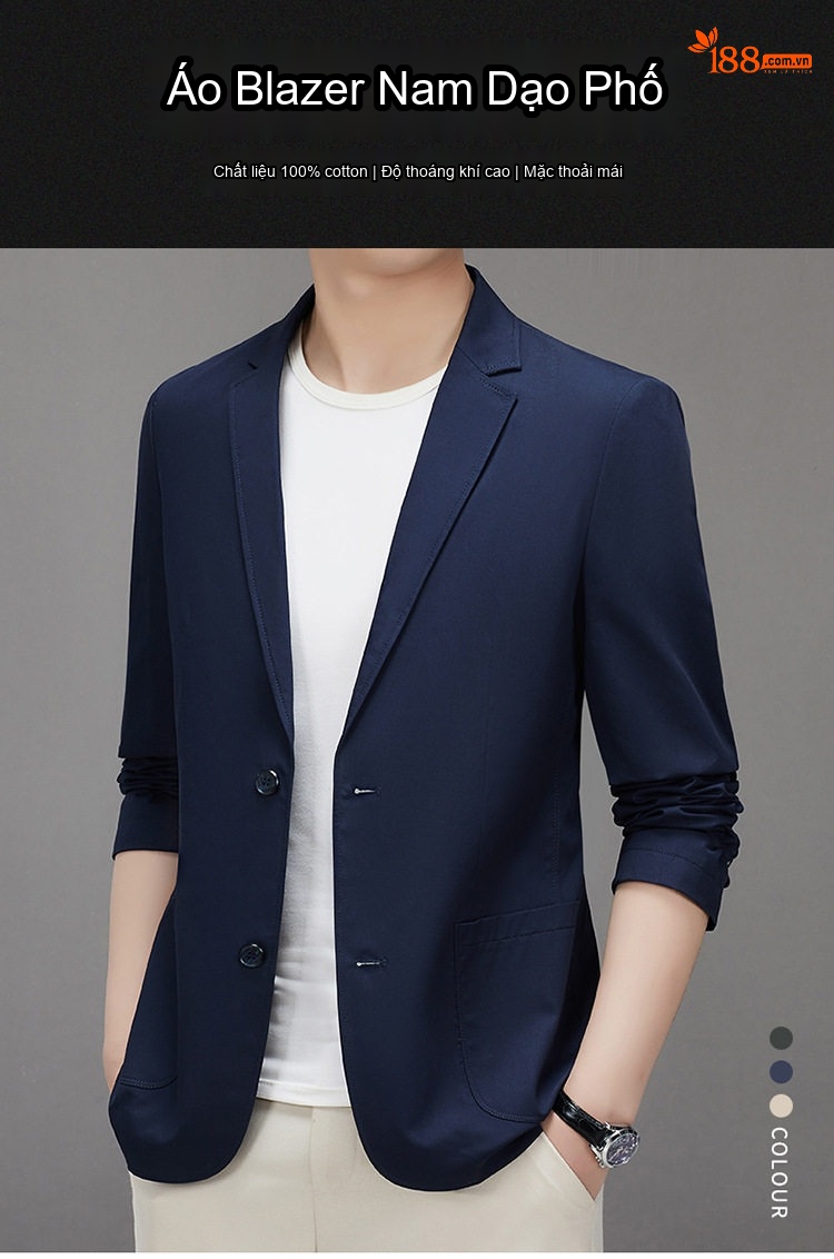 Áo Vest Nam Cotton Kiểu Hàn Quốc Dáng Ôm Màu Trắng Kem, Xanh Navy, Xanh Rêu chi tiết 1