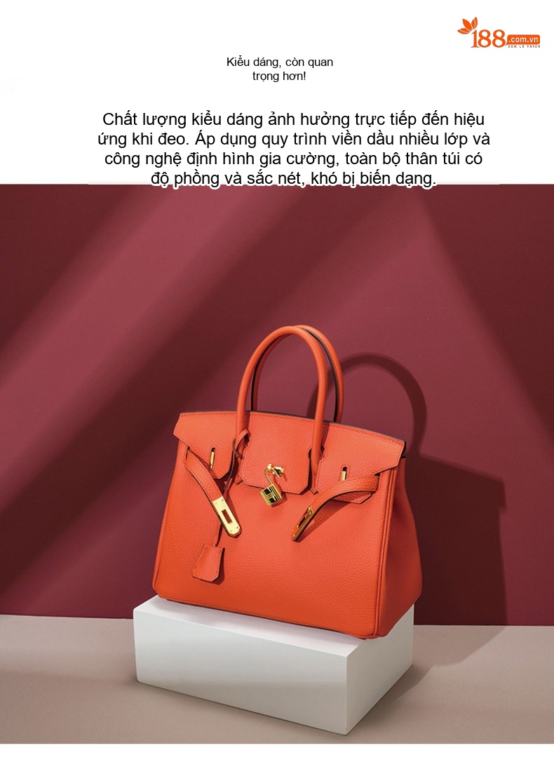 Túi Xách Tay Nữ Da Bò Litchi Form Kelly Cỡ Lớn Màu Cam chi tiết 3