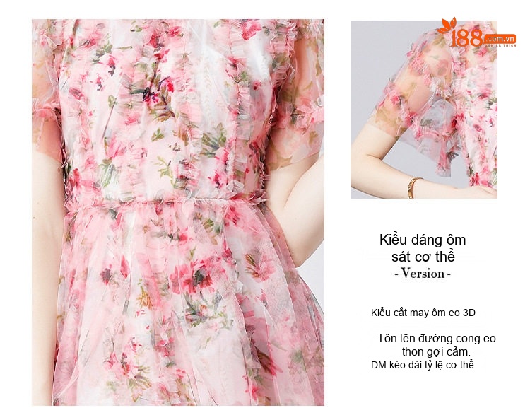 Váy Xòe Midi Nữ Cổ chữ V In Hoa Tay Ngắn Voan Lưới chi tiết 3