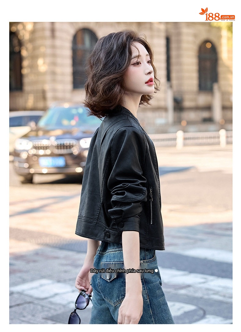 Áo Khoác Da Kiểu Bomber Nữ Dáng Ngắn Da Bóng Màu Đen, Nâu chi tiết 8