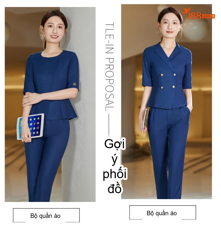 Bộ Quần Áo Công Sở Nữ Tay Ngắn Cổ chữ Vest Phong Cách Lao Feng Xiang Màu Xanh Navy chi tiết 8