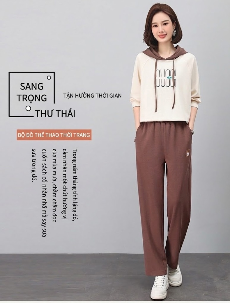 Bộ đồ thể thao nữ dáng nhỏ gọn áo hoodie tay lỡ quần dài chi tiết 3