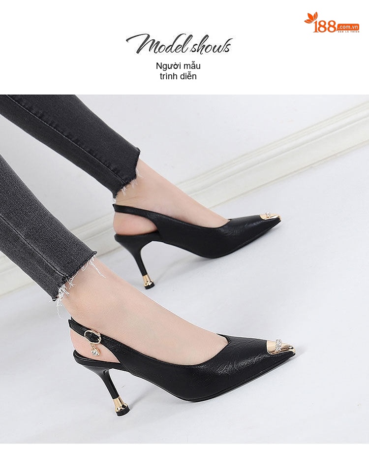 Giày Sandal Cao Gót Nữ Hở Gót Mũi Nhọn Đính Đá Gót Cao 7cm - 8cm Màu Đen, Kem chi tiết 13
