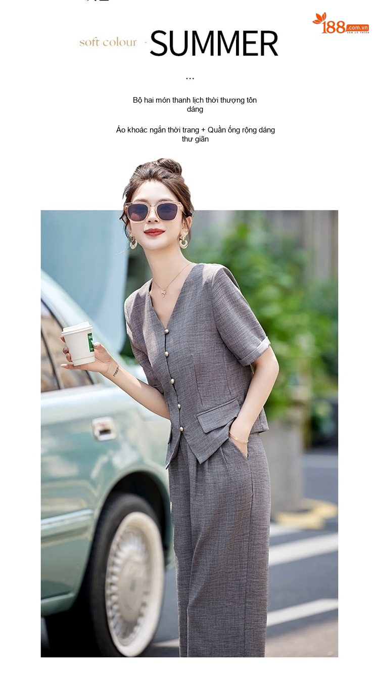 Bộ Quần Áo Nữ Cotton Linen Thiết Kế Áo Vest Tay Ngắn Quần Ống Rộng Phong Cách Thanh Lịch Màu Be, Xám chi tiết 6