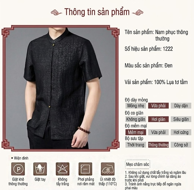Áo Sơ Mi Nam Tay Ngắn Lụa Tơ Tằm Hương Vân Sa Thật 100% Cổ Tàu Phong Cách Đường Trang Màu Đen chi tiết 6