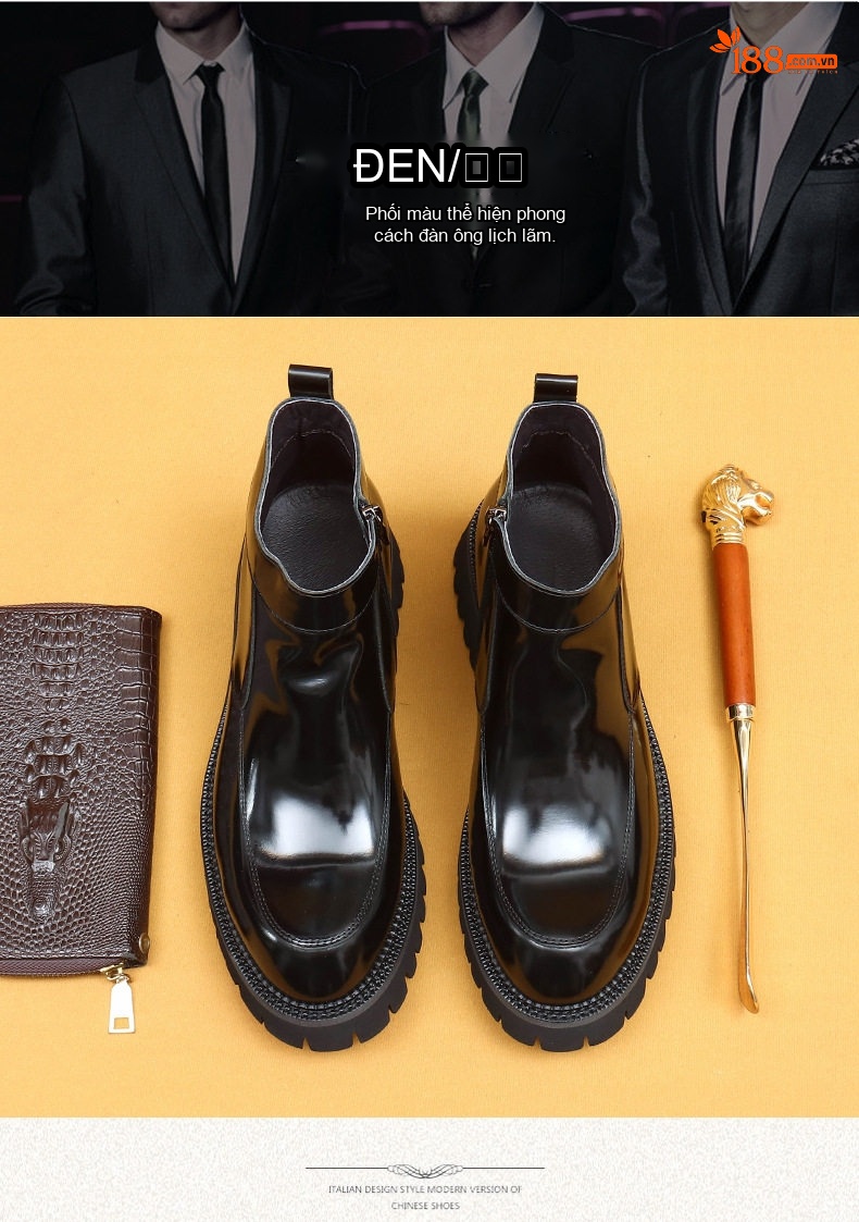 Boot Nam Da Bóng Đế Dày Chiều Cao Đế Khoảng 5cm Khóa Kéo Hông Màu Đen chi tiết 3