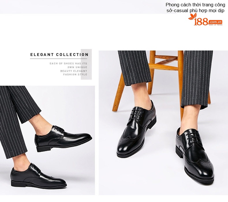 Giày Tây Buộc Dây Nam Da Bóng Brogue Chiều Cao Đế Khoảng 3cm Màu Đen, Nâu chi tiết 11