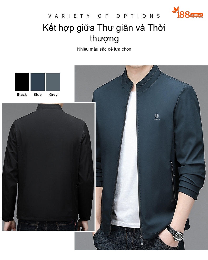 Áo Khoác Bomber Nam Cổ Trụ Dáng Ôm Vừa Vặn Màu Xanh Navy, Xám chi tiết 1