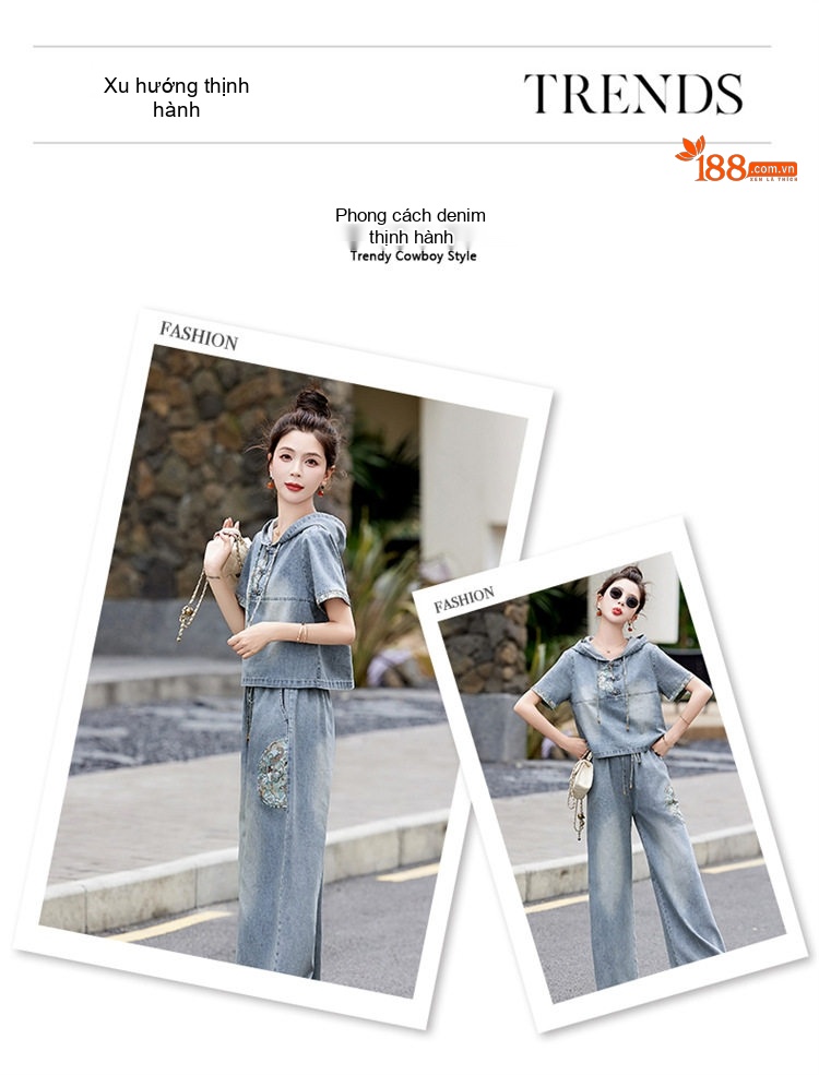 Bộ Quần Áo Nữ Thiết Kế Thêu Hoa Cao Cấp, Áo Hoodie Quần Ống Rộng Phong Cách Trung Hoa Màu Xanh Denim chi tiết 2