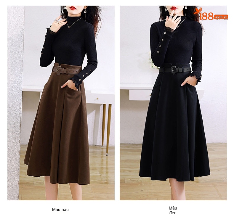 Set Áo Dệt Kim Cổ Lọ Tay Dài và Chân Váy Midi Thanh Lịch Màu Đen, Nâu chi tiết 8