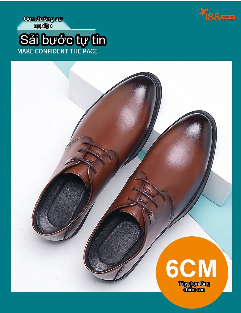 Giày Tây Buộc Dây Nam Da Bóng Tăng Chiều Cao Đế Khoảng 3cm Lót Lông Màu Đen, Nâu chi tiết 3