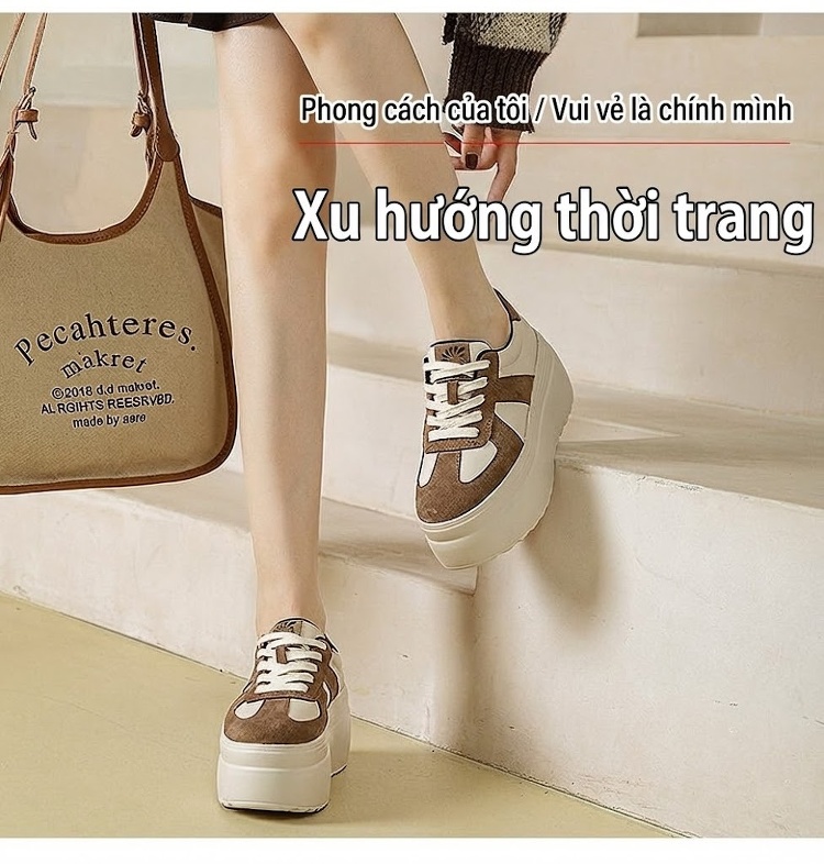 Giày Thể Thao Nữ Đế Xuồng Chiều Cao Đế Khoảng 6cm Phối Màu Phong Cách Đức Màu Trắng, Nâu, Đen chi tiết 11
