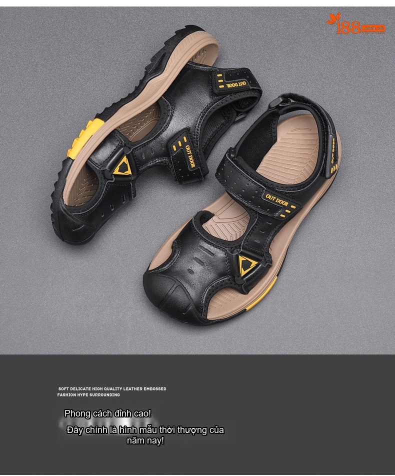 Dép Sandal Nam Da Thật Quai Dán Đế Cao Su Chống Trượt Bít Mũi Đi Biển, Đi Phượt (đế cao 3 cm) chi tiết 22