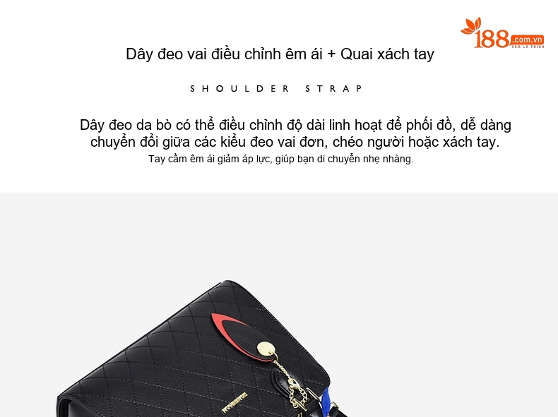 Túi Xách Tay Nữ Da Bò Dáng Hộp Quả Trám Đeo Vai, Đeo Chéo Màu Đen chi tiết 11