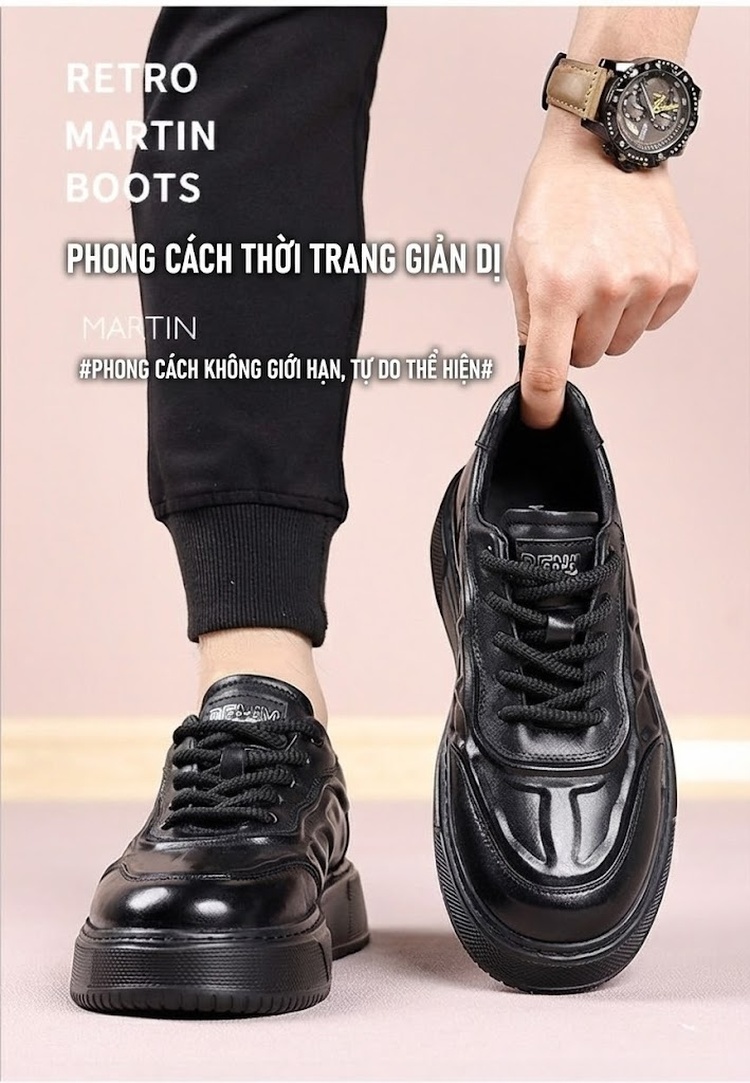 Giày Thể Thao Nam Da Bò Chiều Cao Đế Khoảng 4cm Màu Đen, Nâu chi tiết 5