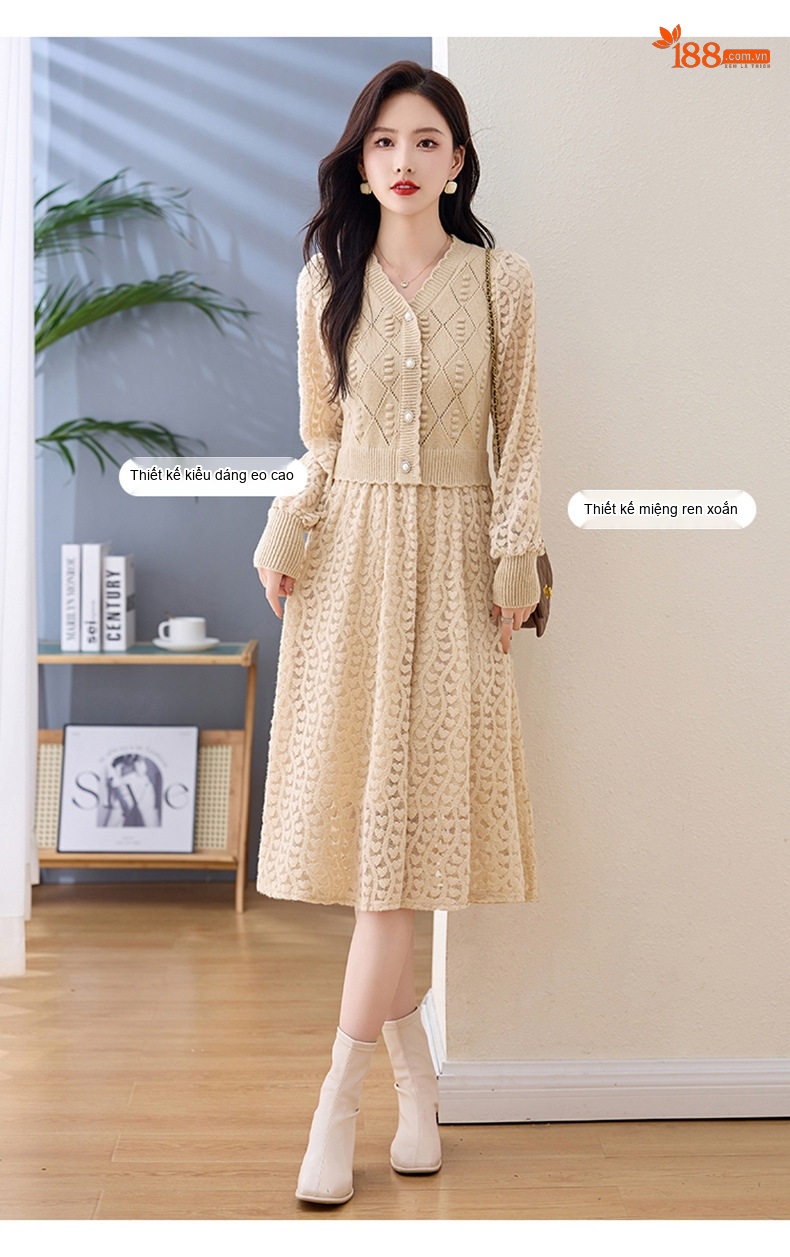 Váy Dệt Kim Nữ Cổ chữ V Đính Cúc Ngọc Trai Phối Ren Phong Cách Quý Cô Màu Be, Đen, Hồng chi tiết 5