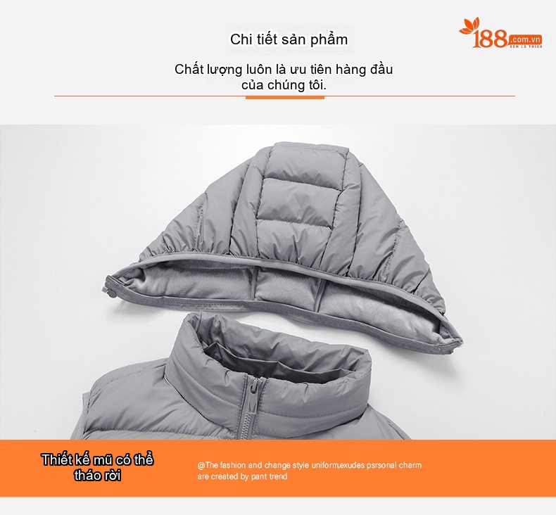 Áo Gile Bông Nam Có Mũ Trùm Đầu Tháo Rời 100% Polyester Màu Đen, Xám, Xanh Lam, Xanh Đậm... chi tiết 22