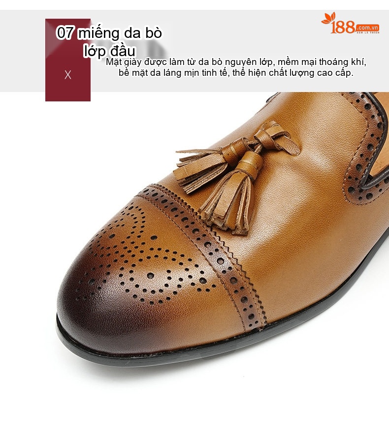 Giày Lười Nam Da Bò Brogue Tua Rua Chiều Cao Đế Khoảng 3cm Màu Đen, Nâu chi tiết 6